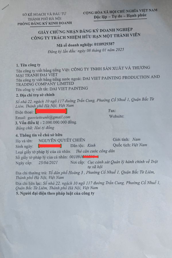 Giấy ph&eacute;p kinh doanh Tranh Đại Việt