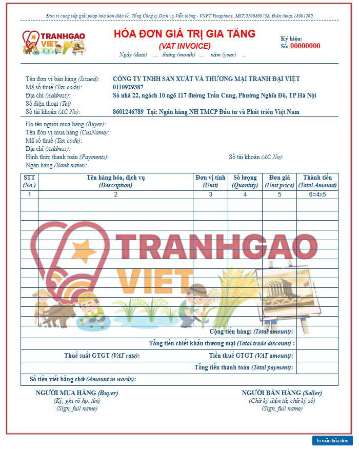 Mẫu h&oacute;a đơn tranh gạo v&agrave; sản phẩm thủ c&ocirc;ng