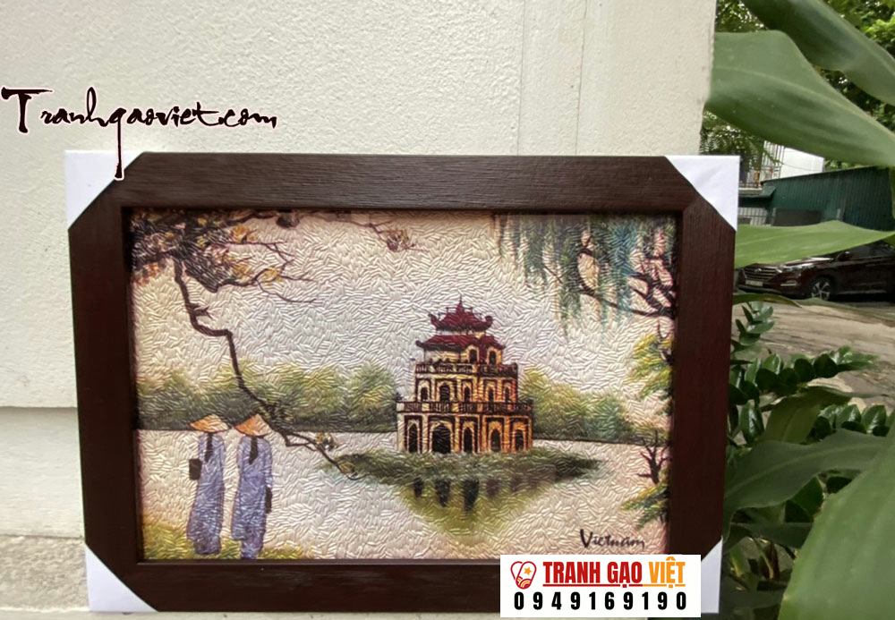 tranh gạo màu tháp rùa hà nội