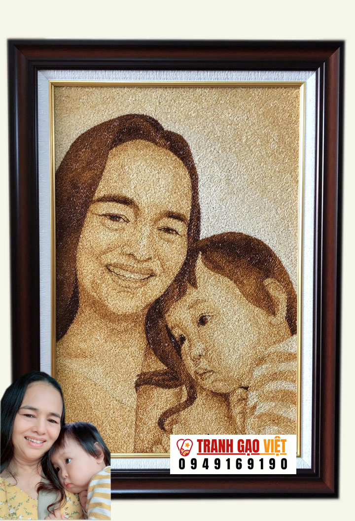 tranh gạo chân dung 2 mẹ con