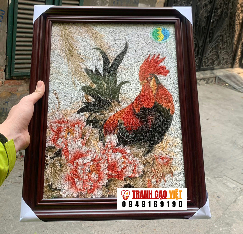 Tranh gao Gà Trống hoa mẫu đơn