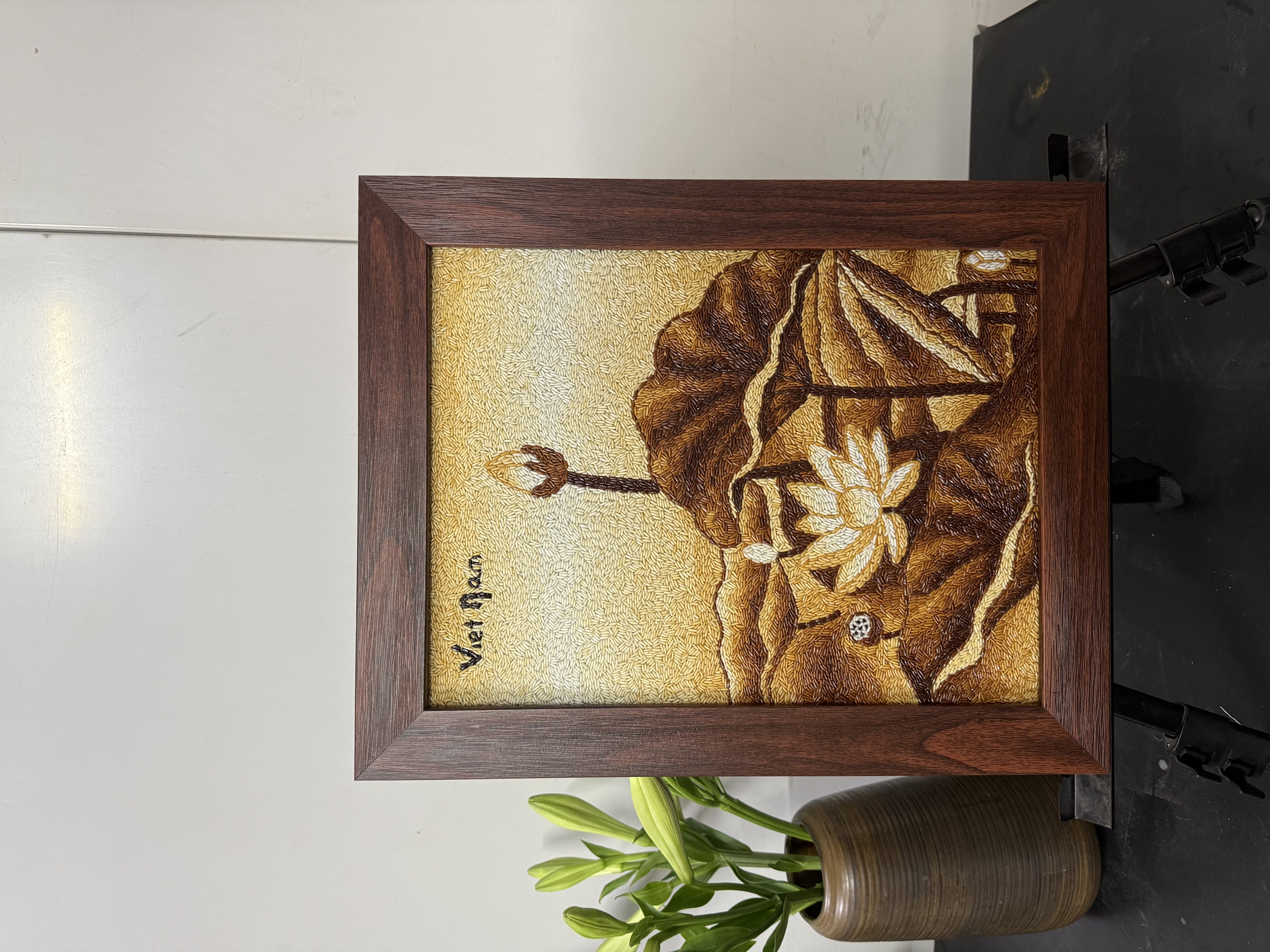 Tranh gạo nghệ thuật đầm hoa sen