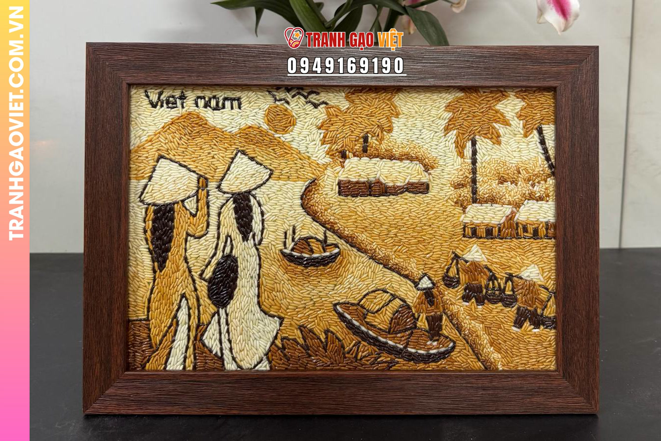 Tranh gạo nghệ thuật cảnh qu&ecirc; hương