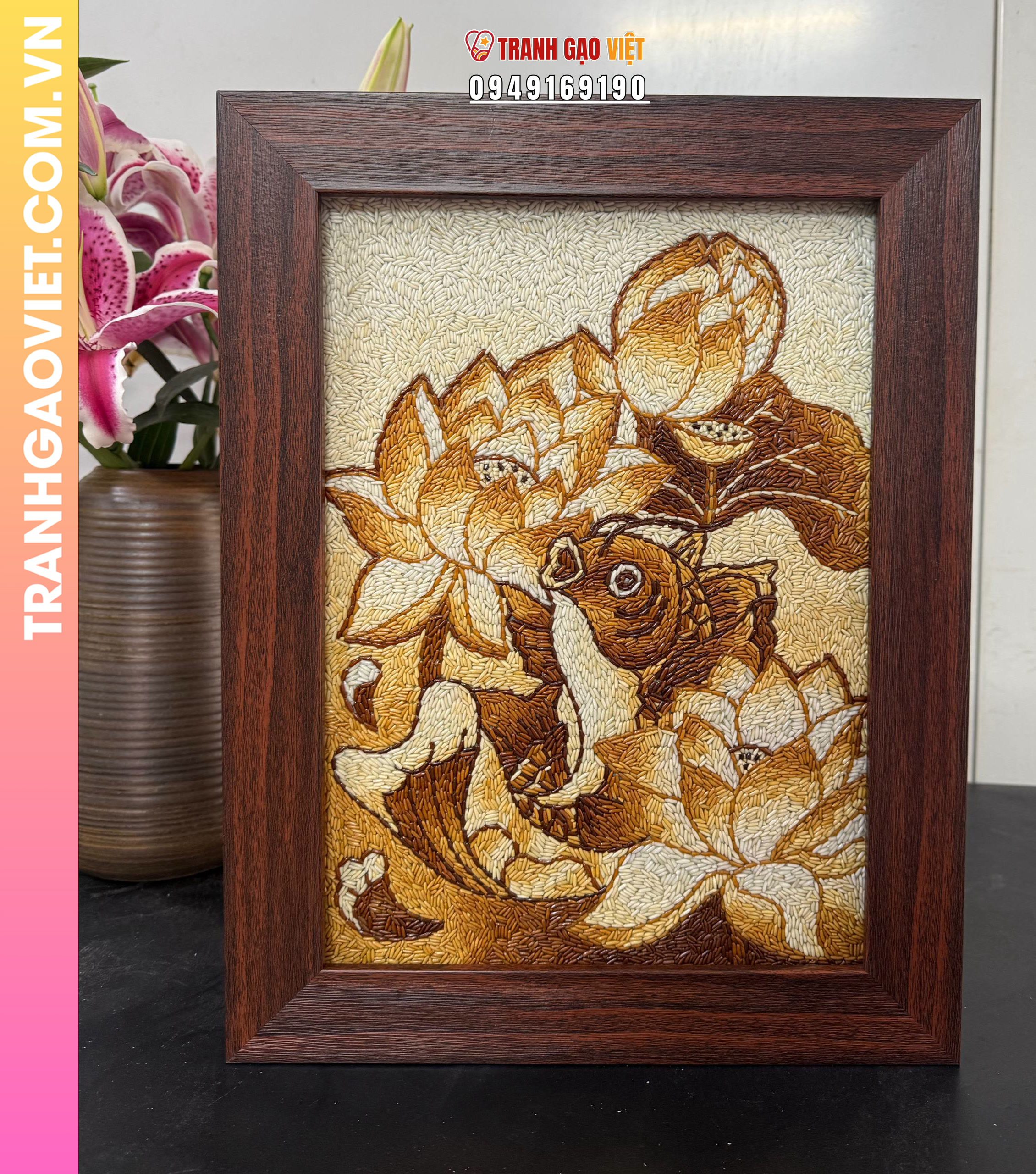 Tranh Gạo Cá Chép  Trong Đầm Sen Size 30x40 cm