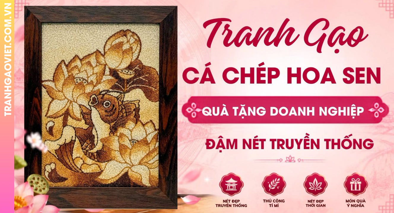 Tranh Gạo Cá Chép Hoa Sen Làm Quà Tặng Doanh Nghiệp Đậm Nét Truyền Thống