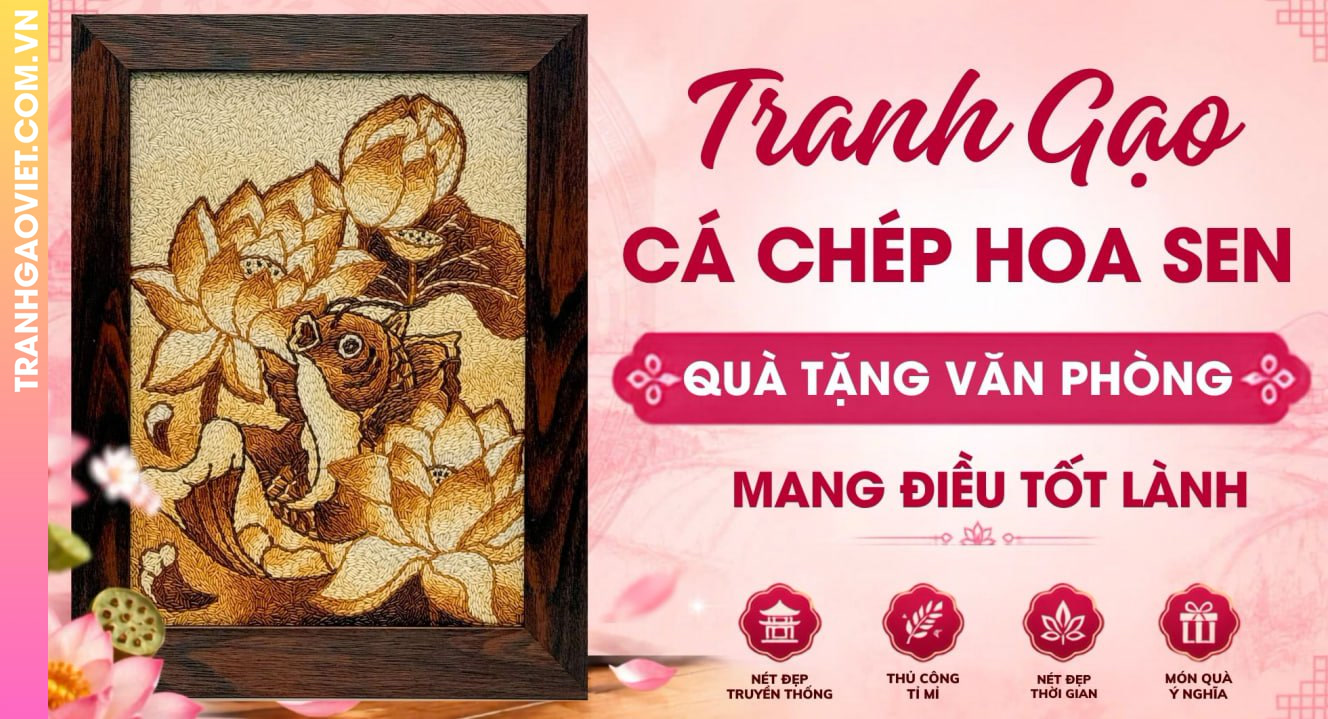 Tranh Gạo Cá Chép Hoa Sen Quà Tặng Văn Phòng Mang Ý Nghĩa Tốt Lành