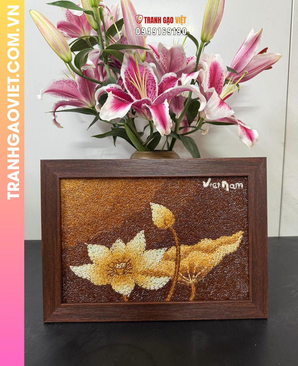 Tranh Gạo Hoa Sen bản ngang 20x30cm