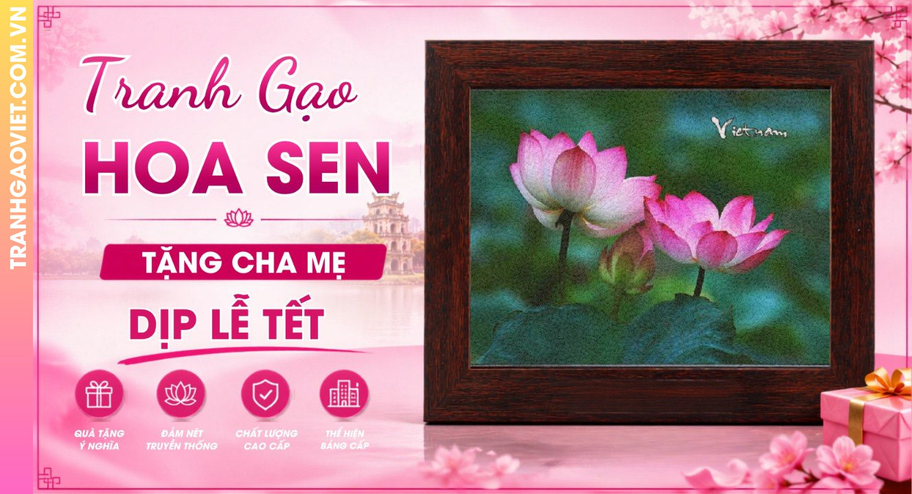 Tranh Gạo Hoa Sen Tặng Cha Mẹ Dịp Lễ Tết