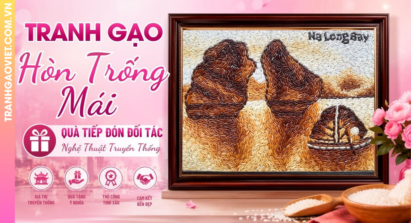 Tranh Gạo Hòn Trống Mái Hạ Long Bay - Quà Tiếp Đón Đối Tác Nghệ Thuật Truyền Thống