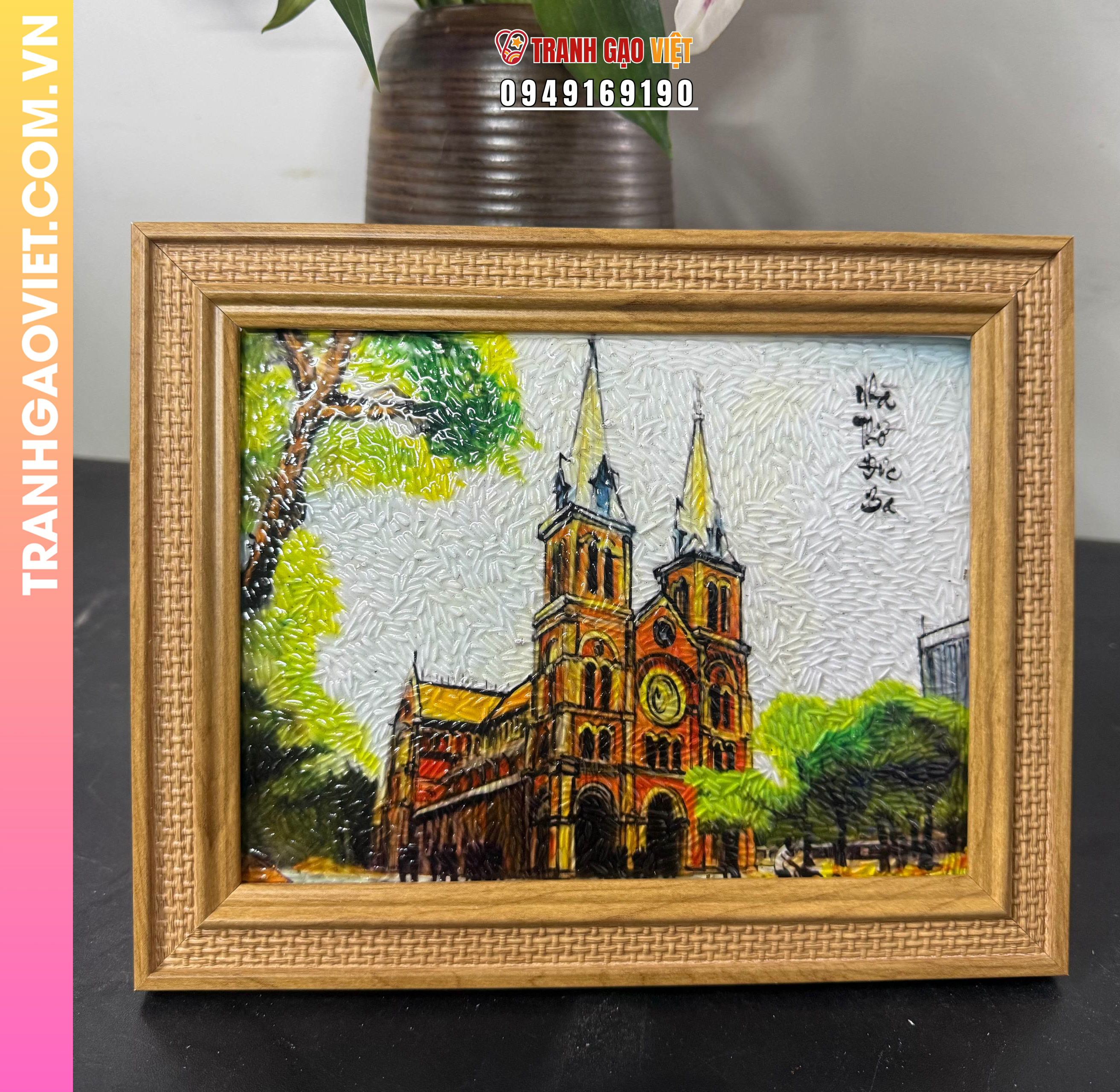 Tranh gạo m&agrave;u Nh&agrave; Thờ Đức B&agrave;