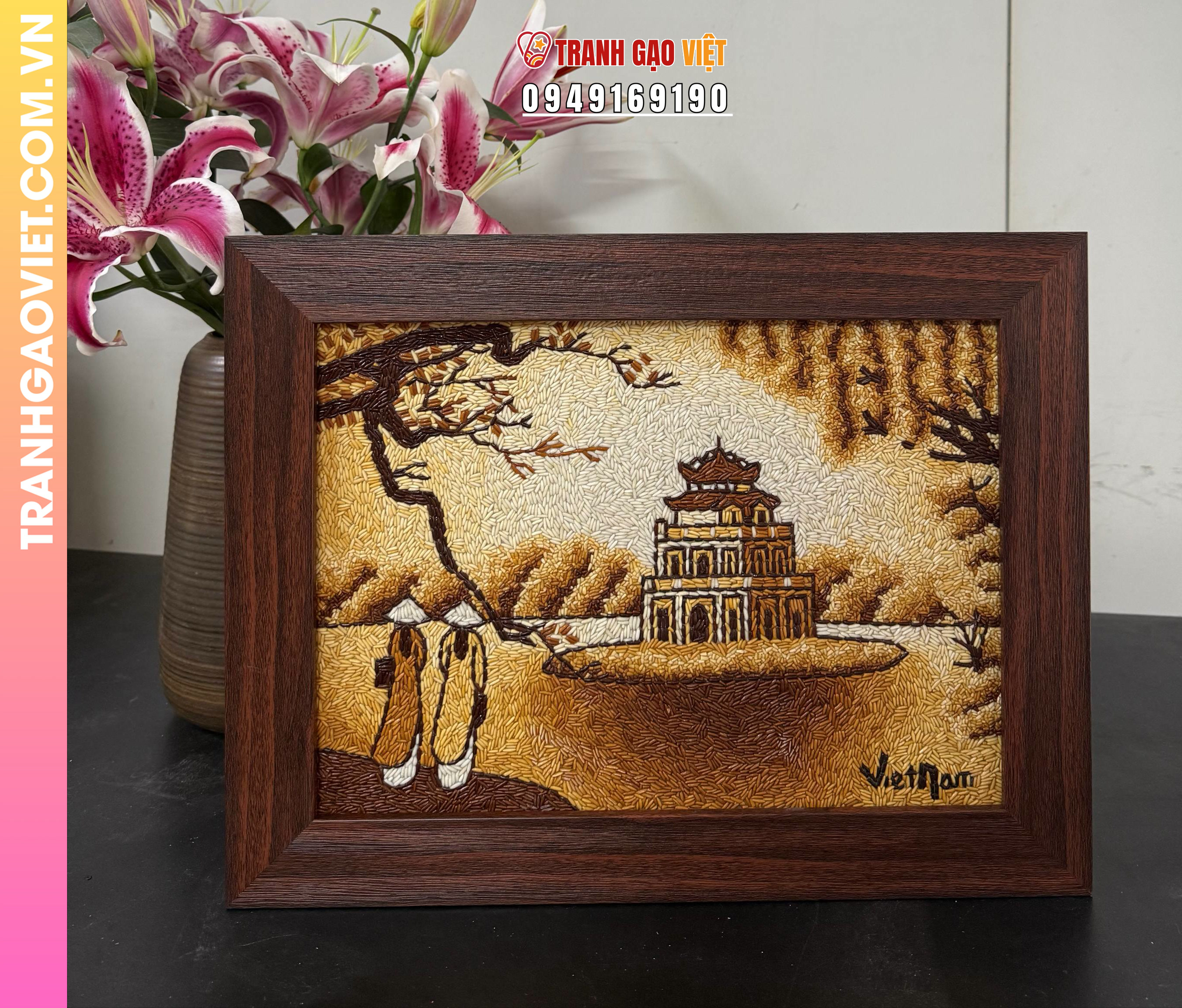 Tranh Gạo Rang Tháp Rùa treo tường 30x40 cm