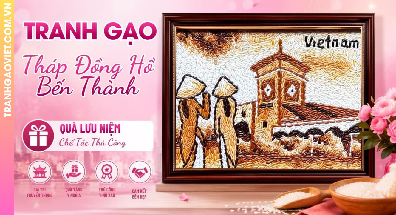 Tranh Gạo Tháp Đồng Hồ Bến Thành Chế Tác Thủ Công Làm Quà Lưu Niệm