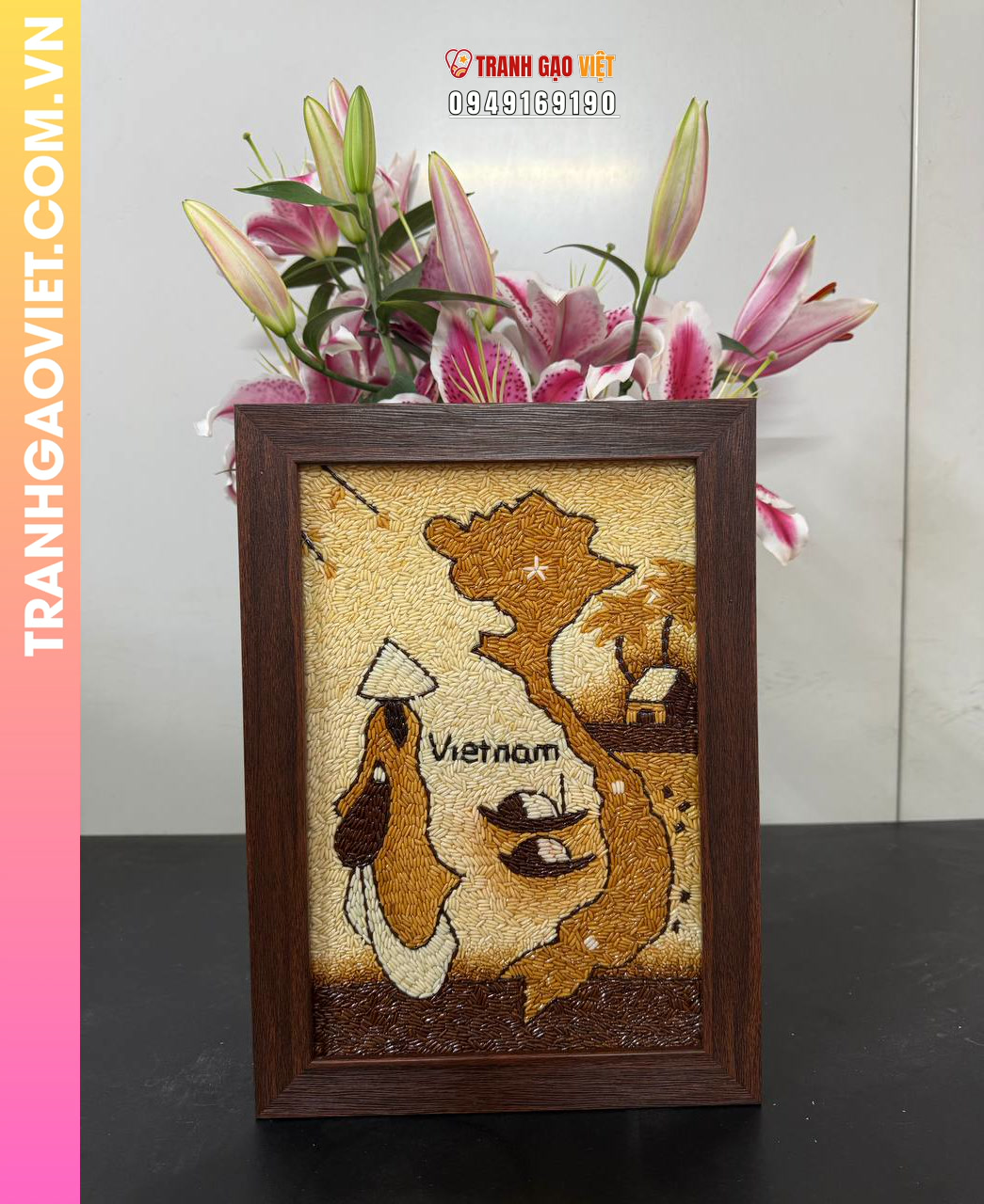 Tranh Gạo Áo Dài và Bản Đồ Việt Nam bản dọc treo tường