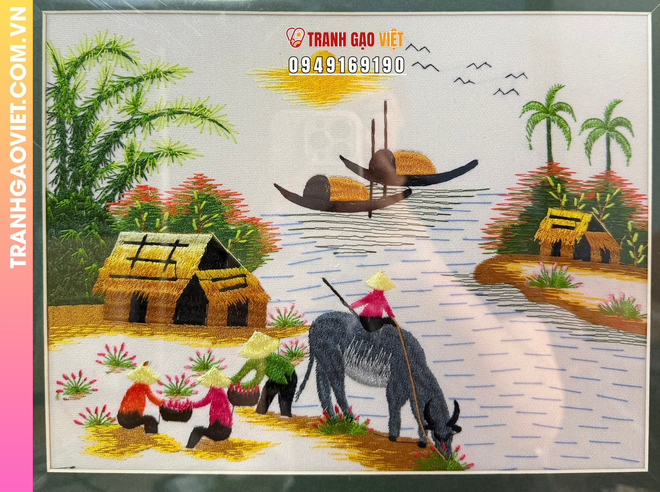 Tranh Thêu Phong Cảnh Làng Quê Việt Nam Bình Yên Cạnh Dòng Sông - Ảnh 2