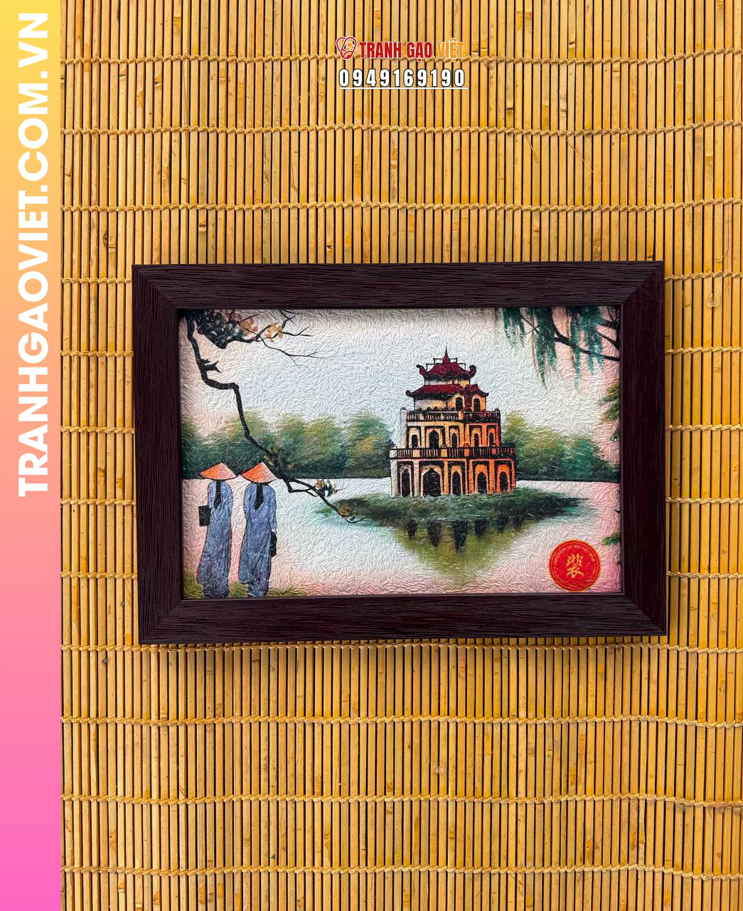 Tranh gạo màu Nét hoàn kiếm (size 20x30) khung nâu sần - Ảnh 2