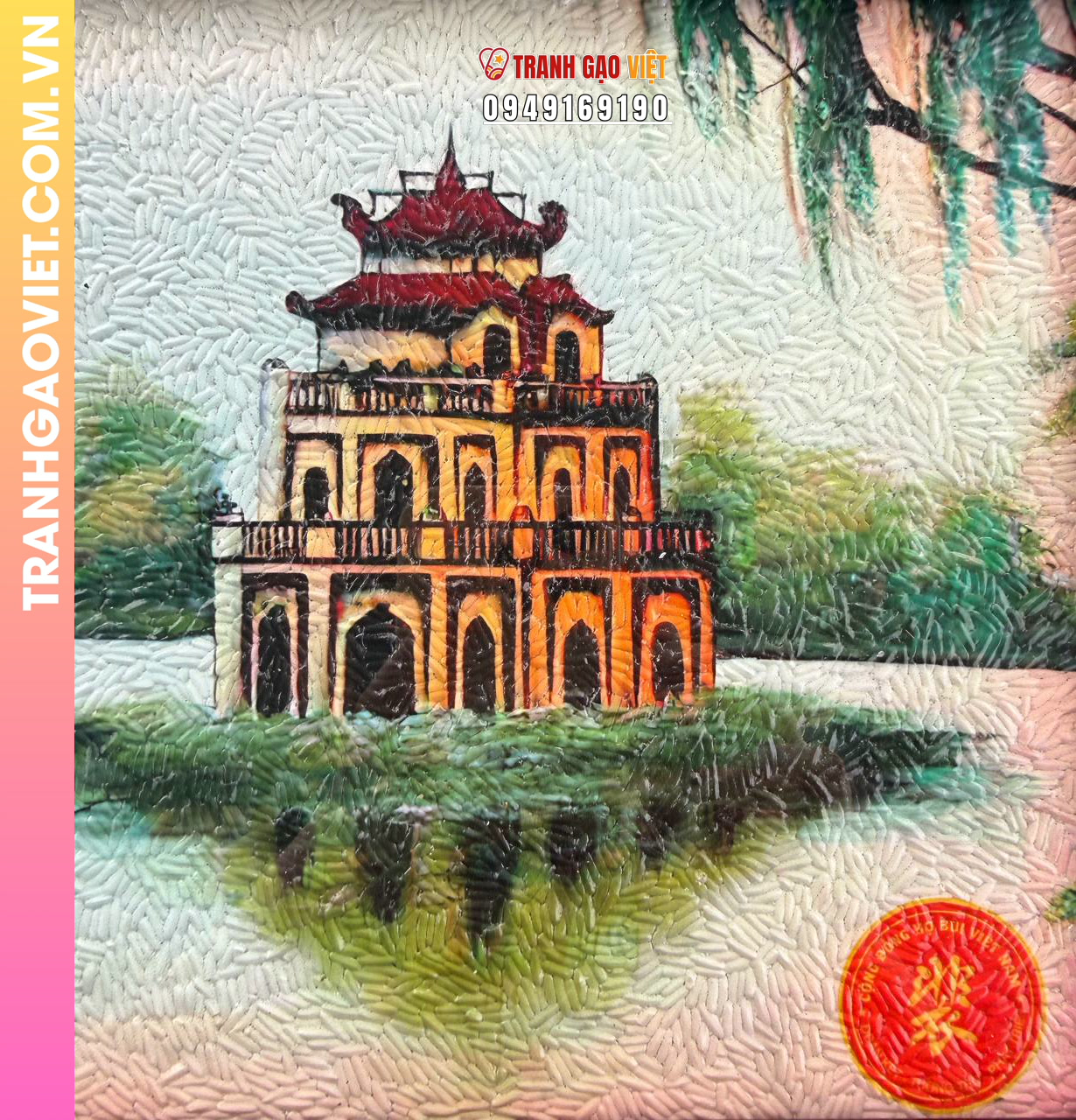 Tranh gạo màu Nét hoàn kiếm (size 20x30) khung nâu sần - Ảnh 3