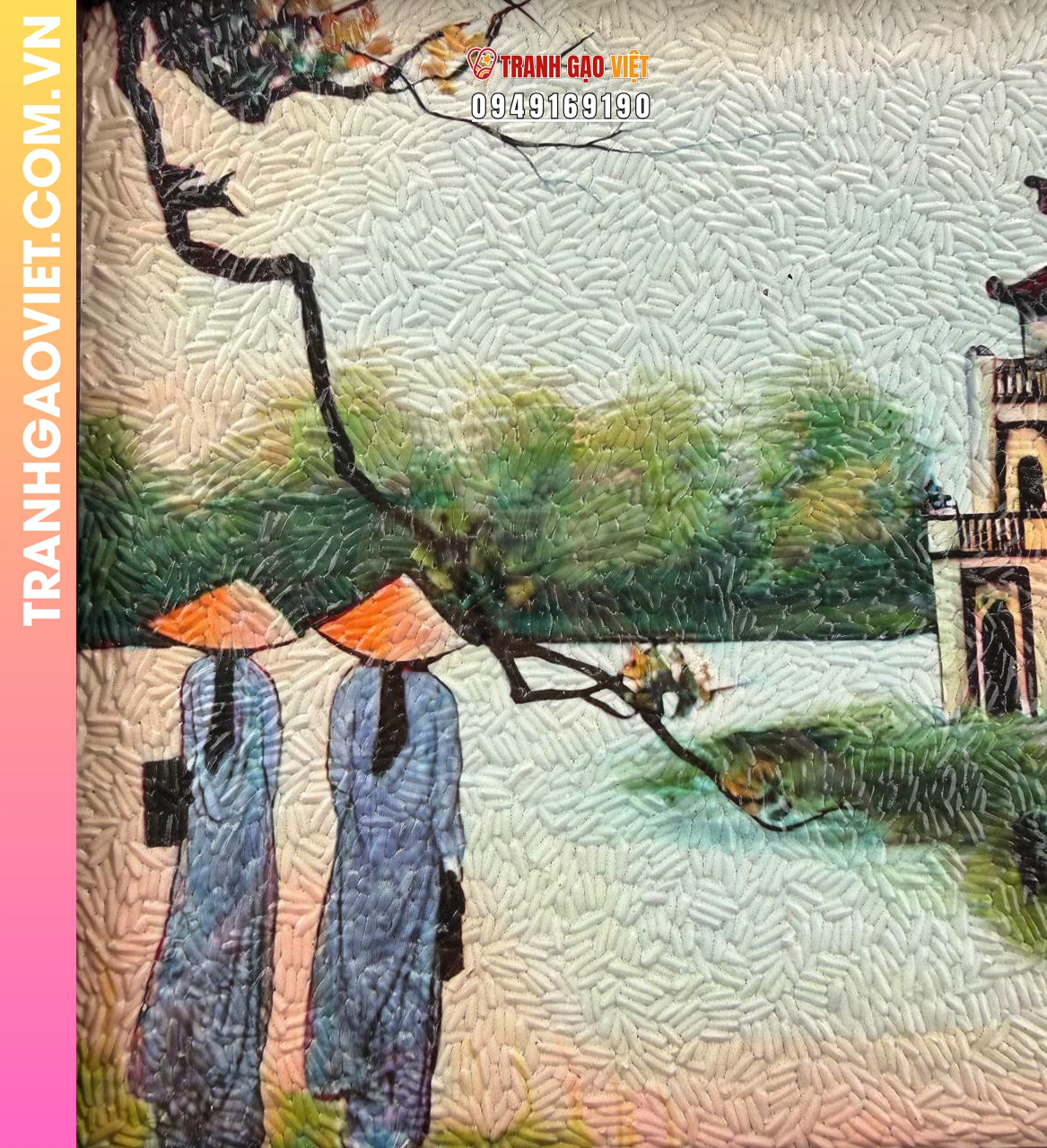 Tranh gạo màu Nét hoàn kiếm (size 20x30) khung nâu sần - Ảnh 4