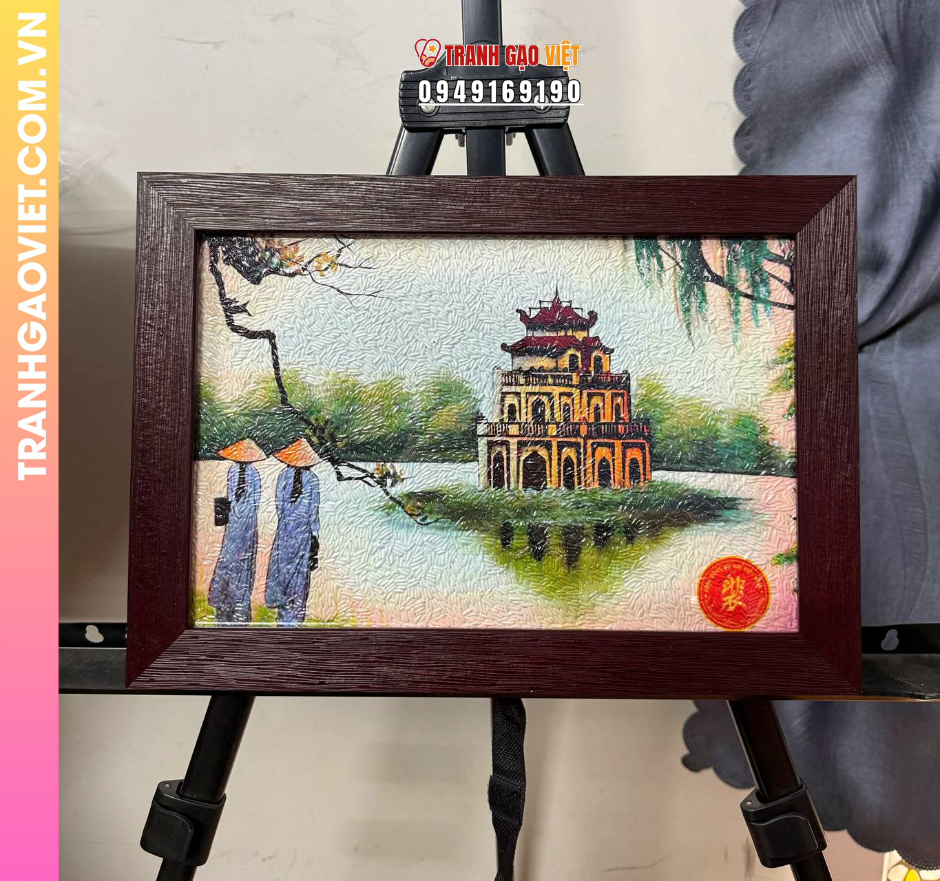 Tranh gạo màu Nét hoàn kiếm (size 20x30) khung nâu sần