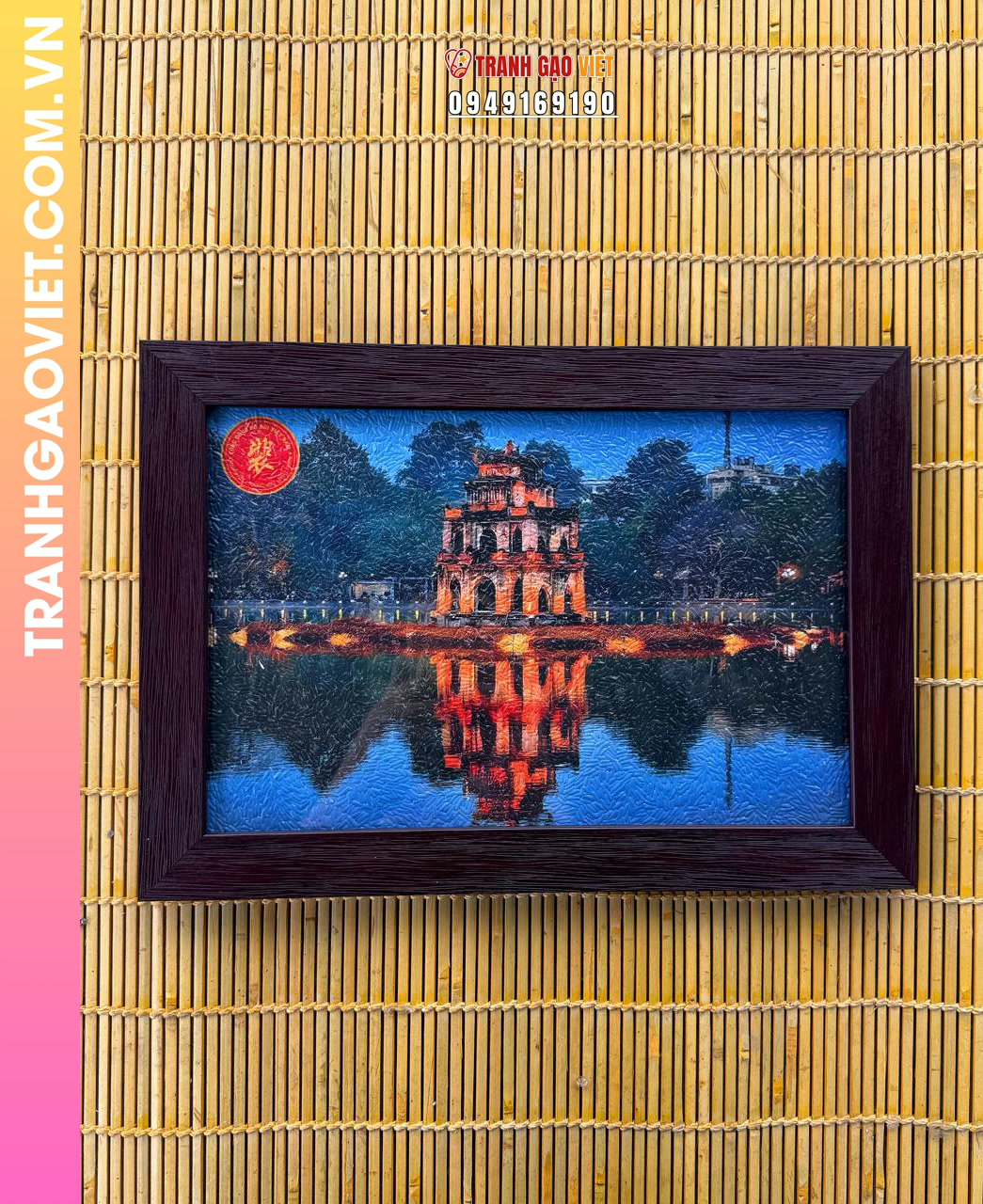Tranh gạo màu Tháp Rùa lên đèn (size 20x30), khung nâu sần - tranh Độc quyền Steve Bui - Ảnh 2