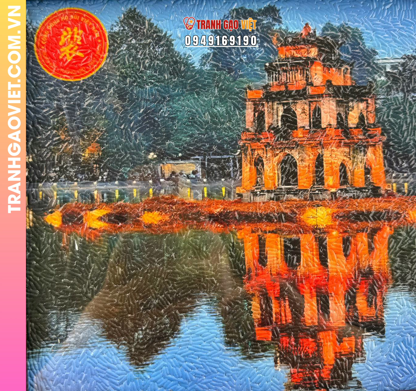 Tranh gạo màu Tháp Rùa lên đèn (size 20x30), khung nâu sần - tranh Độc quyền Steve Bui - Ảnh 4