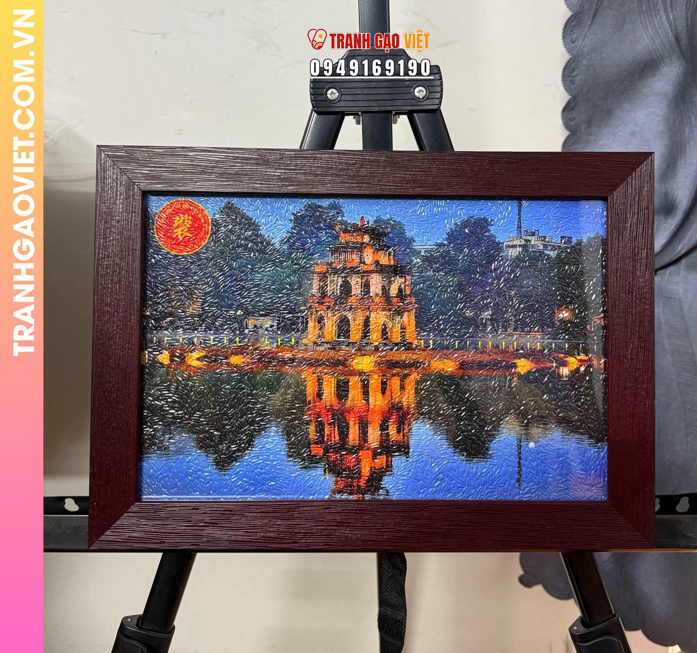 Tranh gạo màu Tháp Rùa lên đèn (size 20x30), khung nâu sần - tranh Độc quyền Steve Bui