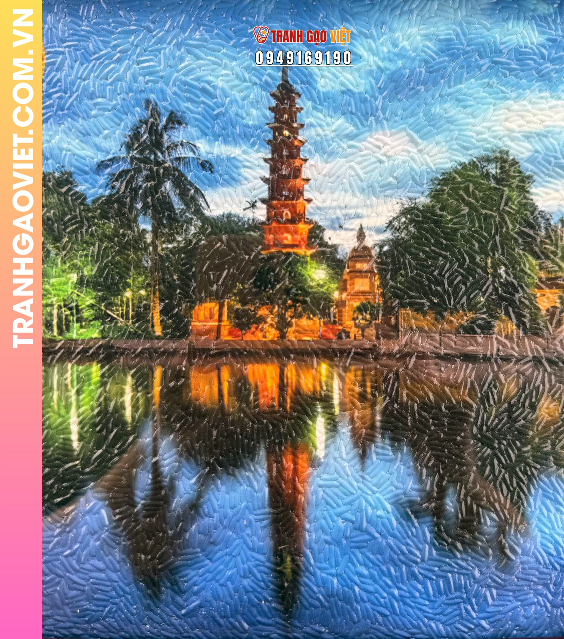 Tranh gạo màu Chùa Trấn Quốc về đêm (size 20x30), khung nâu sần - Tranh độc quyền của Steve Bui - Ảnh 4