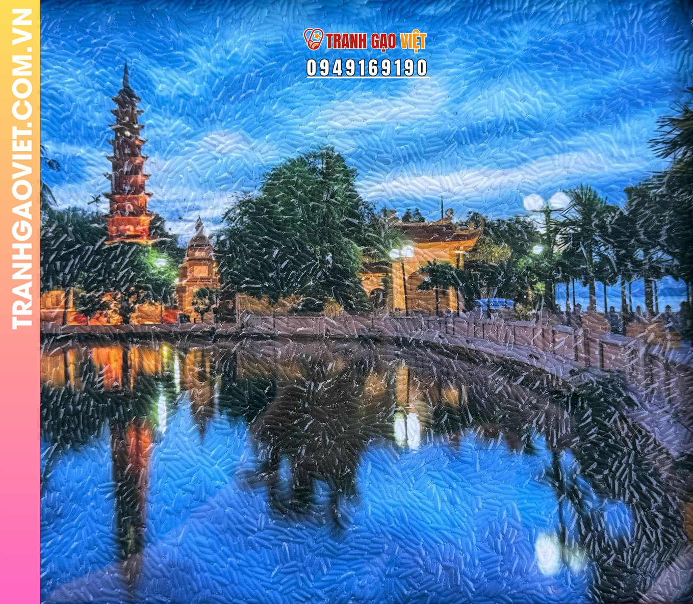 Tranh gạo màu Chùa Trấn Quốc về đêm (size 20x30), khung nâu sần - Tranh độc quyền của Steve Bui - Ảnh 5
