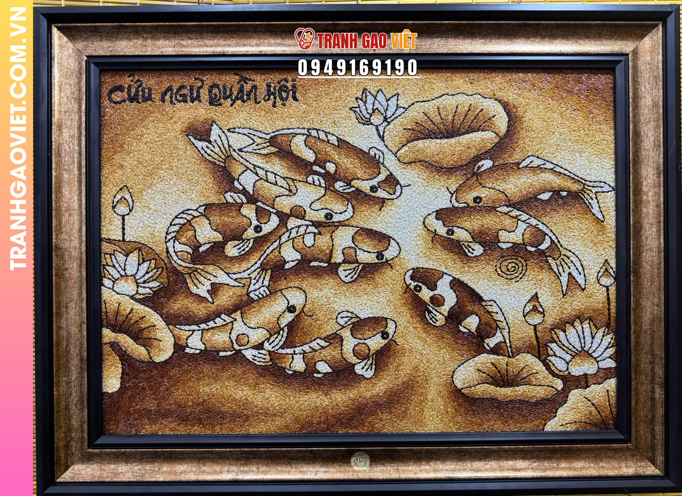 Tranh gạo Rang Cửu Ngư Quần Hội - Tranh Chín Cá Kích Thước 70x100 cm - Ảnh 2