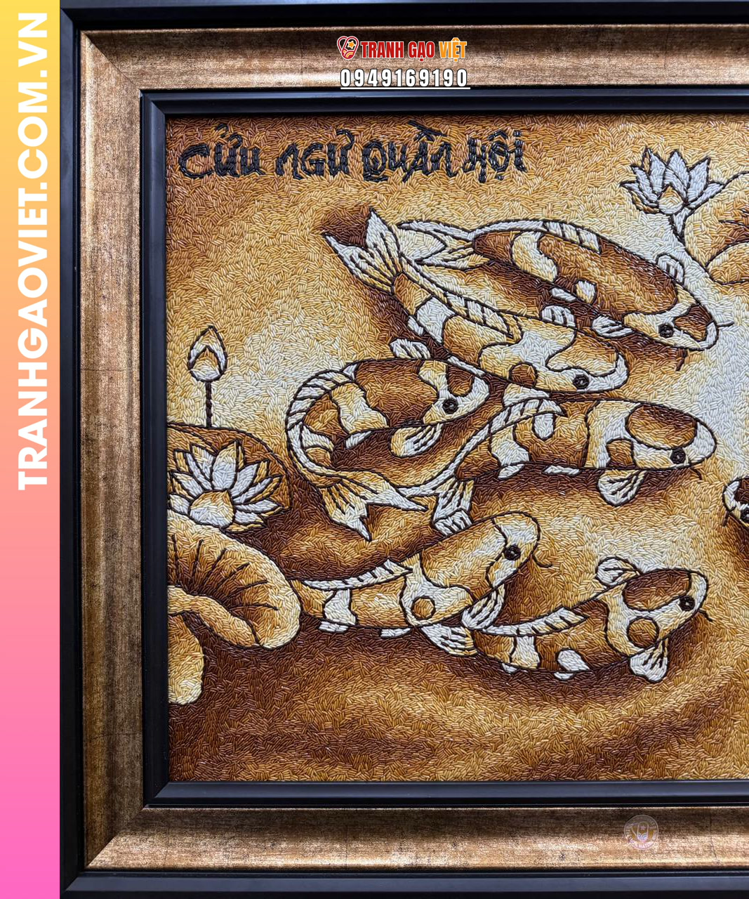 Tranh gạo Rang Cửu Ngư Quần Hội - Tranh Chín Cá Kích Thước 70x100 cm - Ảnh 4