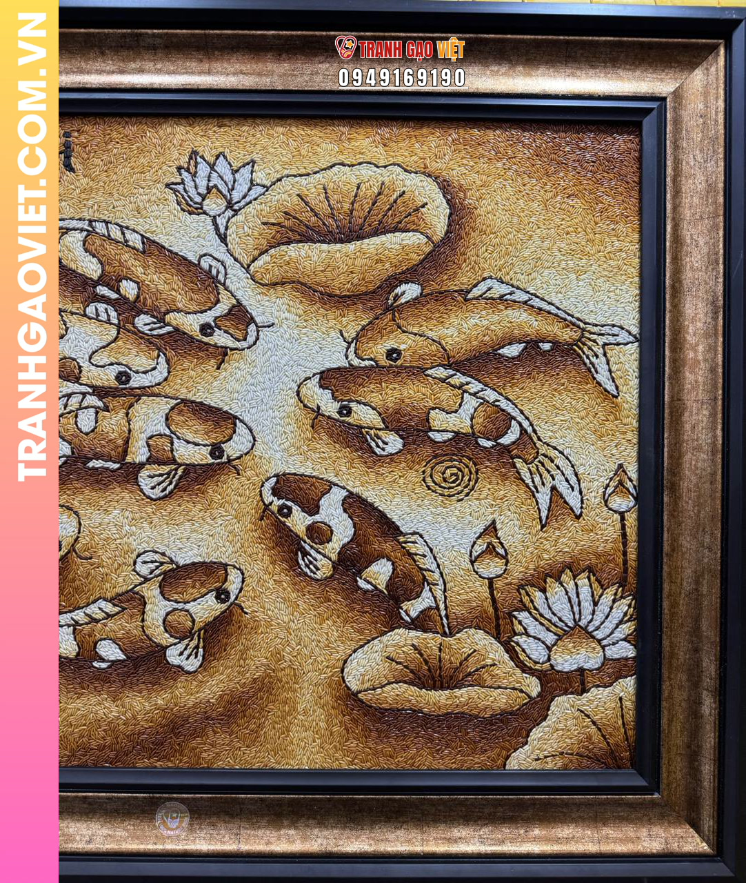 Tranh gạo Rang Cửu Ngư Quần Hội - Tranh Chín Cá Kích Thước 70x100 cm - Ảnh 5