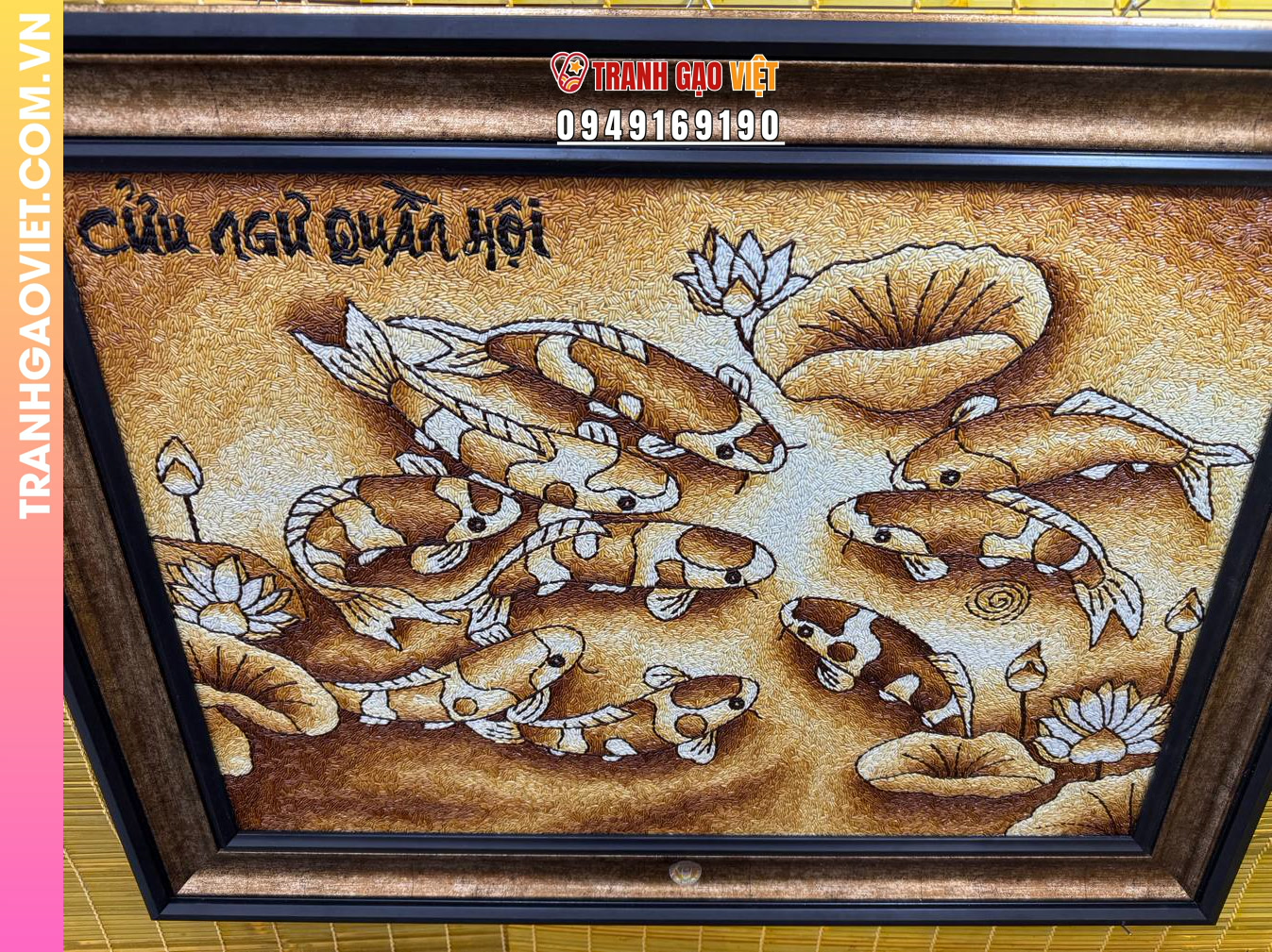 Tranh gạo Rang Cửu Ngư Quần Hội - Tranh Chín Cá Kích Thước 70x100 cm - Ảnh 7