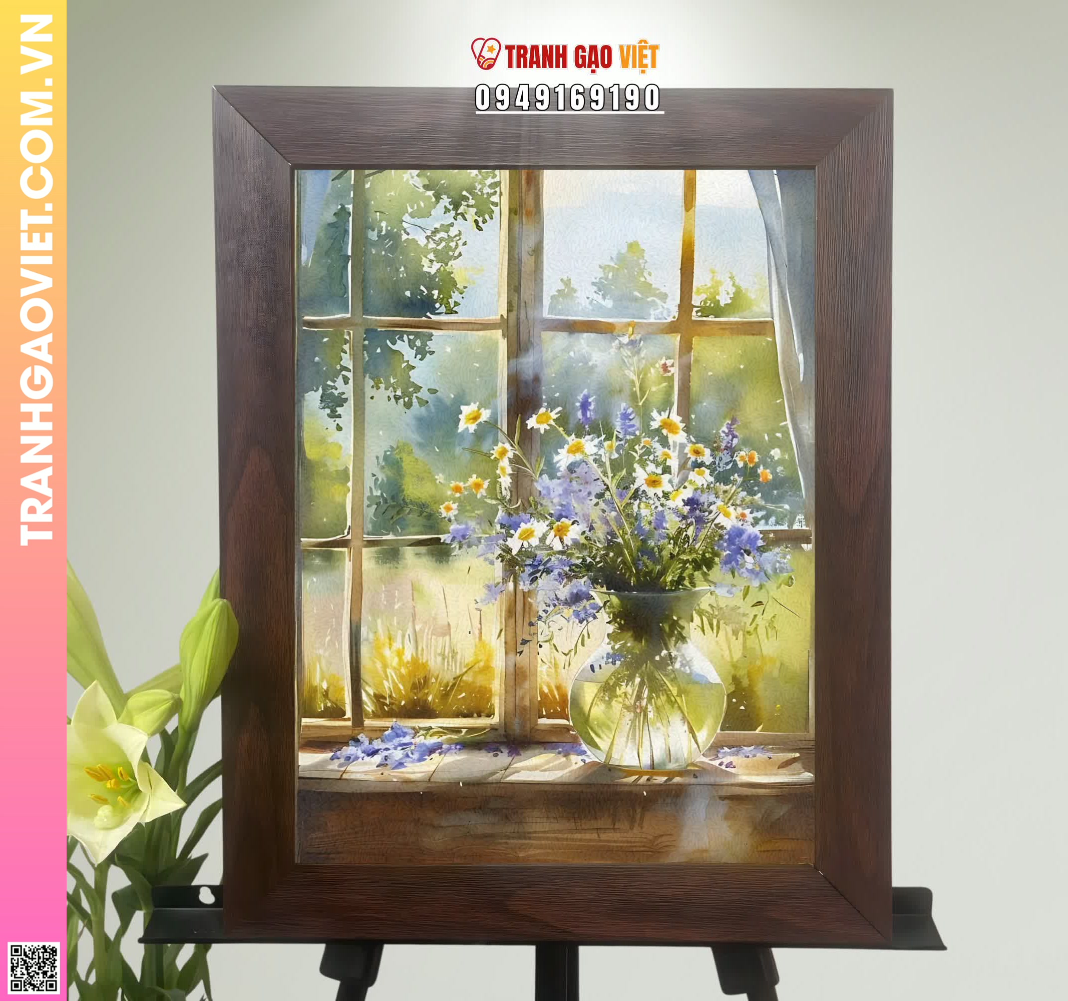 Tranh Gạo Màu Lẵng Hoa Bên Cửa Sổ Hình ảnh Tranh Gạo Màu Lẵng Hoa Bên Cửa Sổ - Ảnh thực tế sản phẩm Tranh Gạo