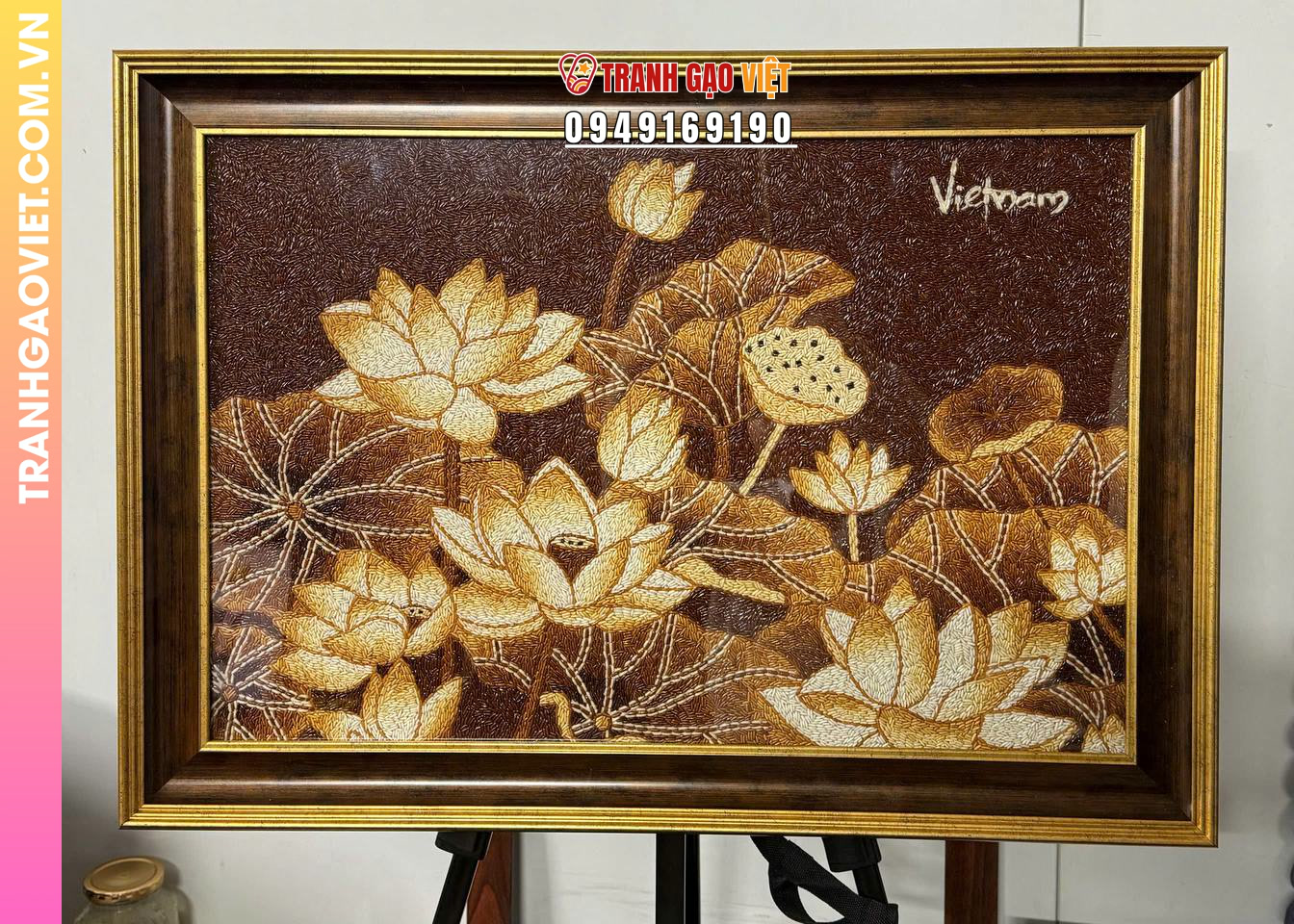 Tranh gạo Đầm Sen Sắc Cảnh size Lớn 50x70 cm