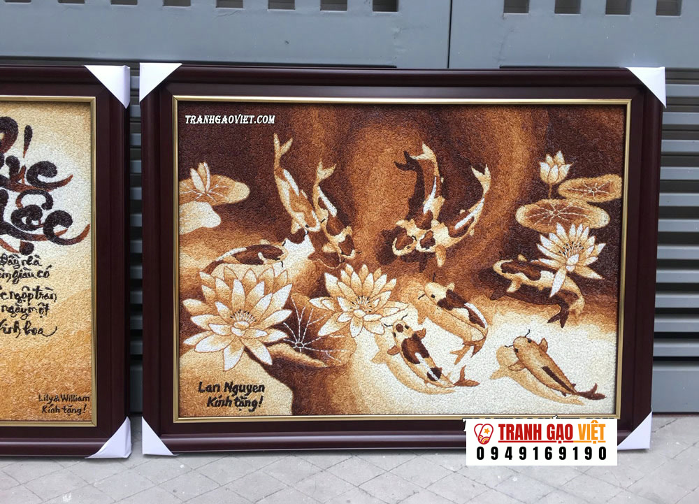 Tranh gạo Cửu ngư quần hội Hình ảnh Tranh gạo Cửu ngư quần hội - Ảnh thực tế sản phẩm Tranh Gạo