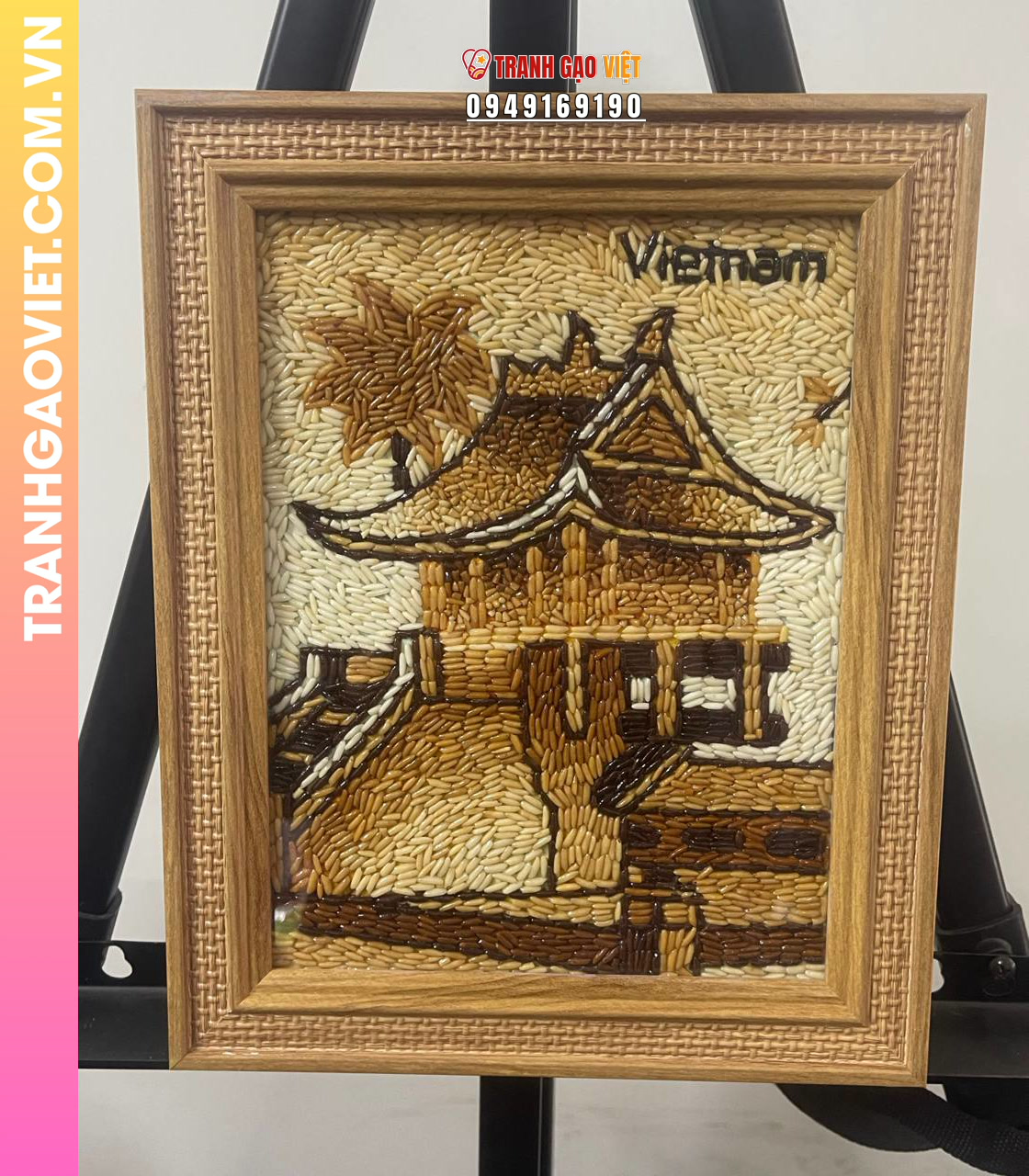 Tranh gạo để bàn Chùa Một Cột khung vàng