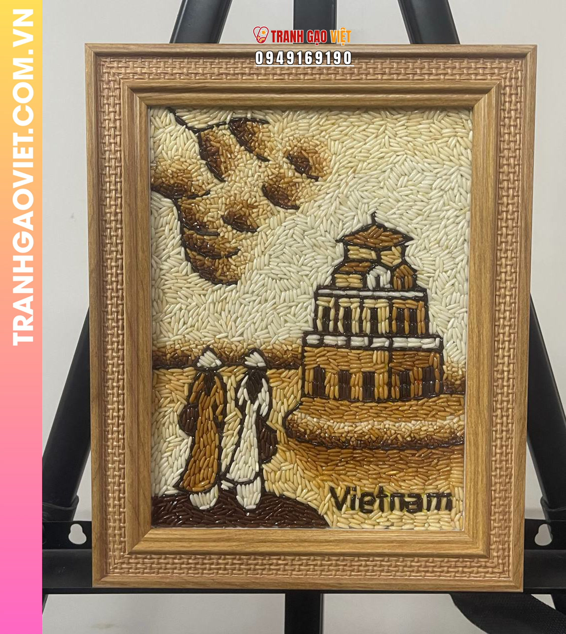 Tranh gạo Tháp Rùa bản dọc để bàn khung vàng