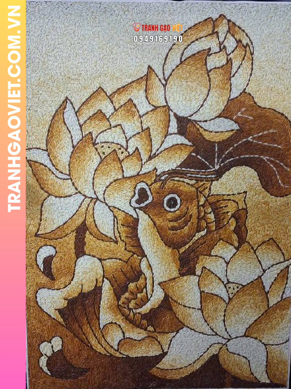 Tranh gạo Cá Chép trong Đầm Sen kích thước 45x60 cm - Ảnh 2