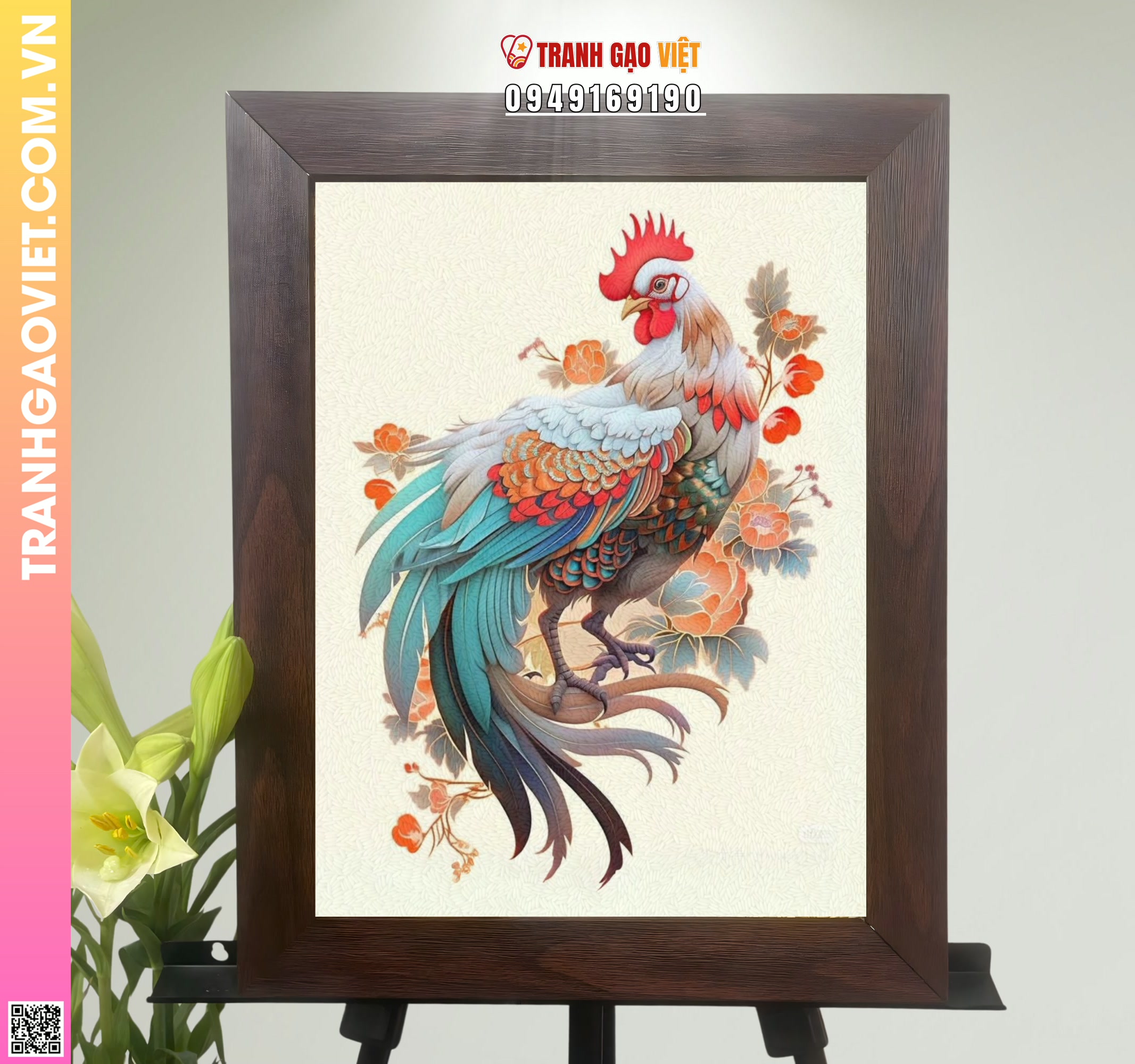 Tranh Gạo Gà Trống Chơi Xuân Hình ảnh Tranh Gạo Gà Trống Chơi Xuân - Ảnh thực tế sản phẩm Tranh Gạo