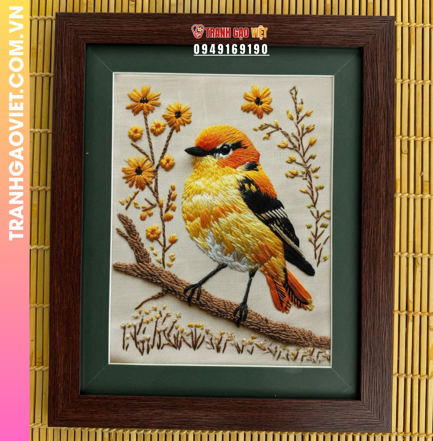 Tranh Thêu Chim Vàng Nghệ Thuật Vẻ Đẹp Tinh Xảo Nổi Bật Không Gian Sống
