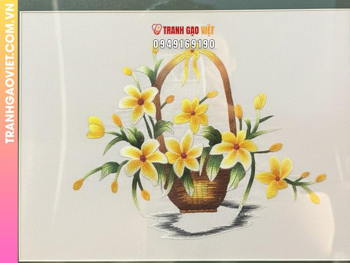 Tranh Thêu Giỏ Hoa Vàng Nghệ Thuật Tinh Tế Trang Trí Không Gian Thanh Lịch - Ảnh 2