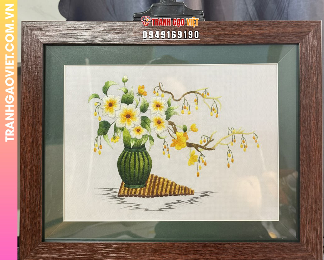 Tranh Thêu Tay Bình Hoa Cúc Trắng Thủ Công Tinh Xảo