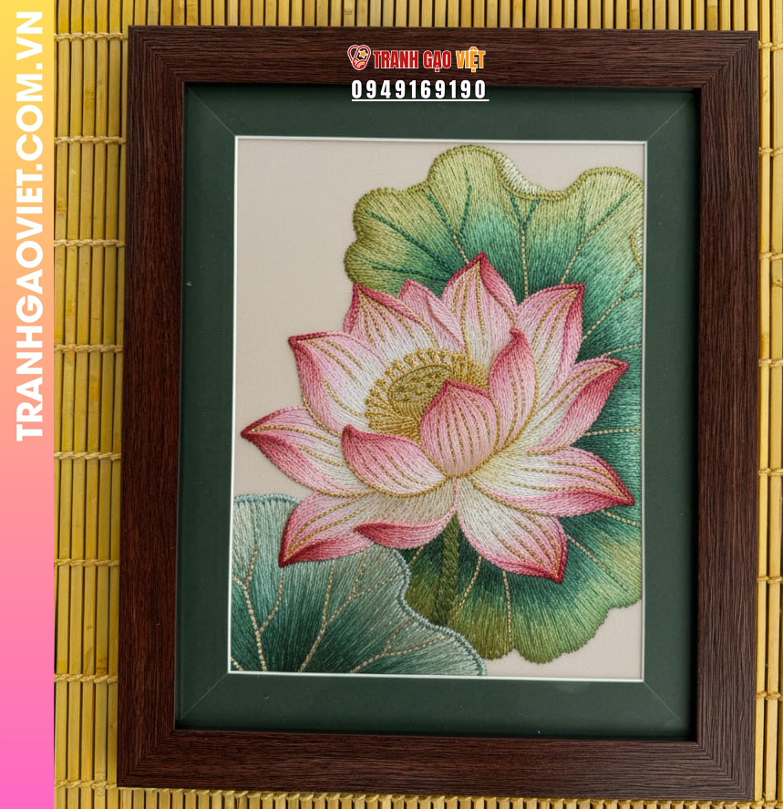 Tranh Thêu Hoa Sen Hồng Nghệ Thuật Tinh Xảo