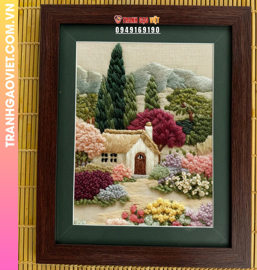 Tranh Thêu Phong Cảnh Ngôi Nhà Nhỏ Và Vườn Hoa