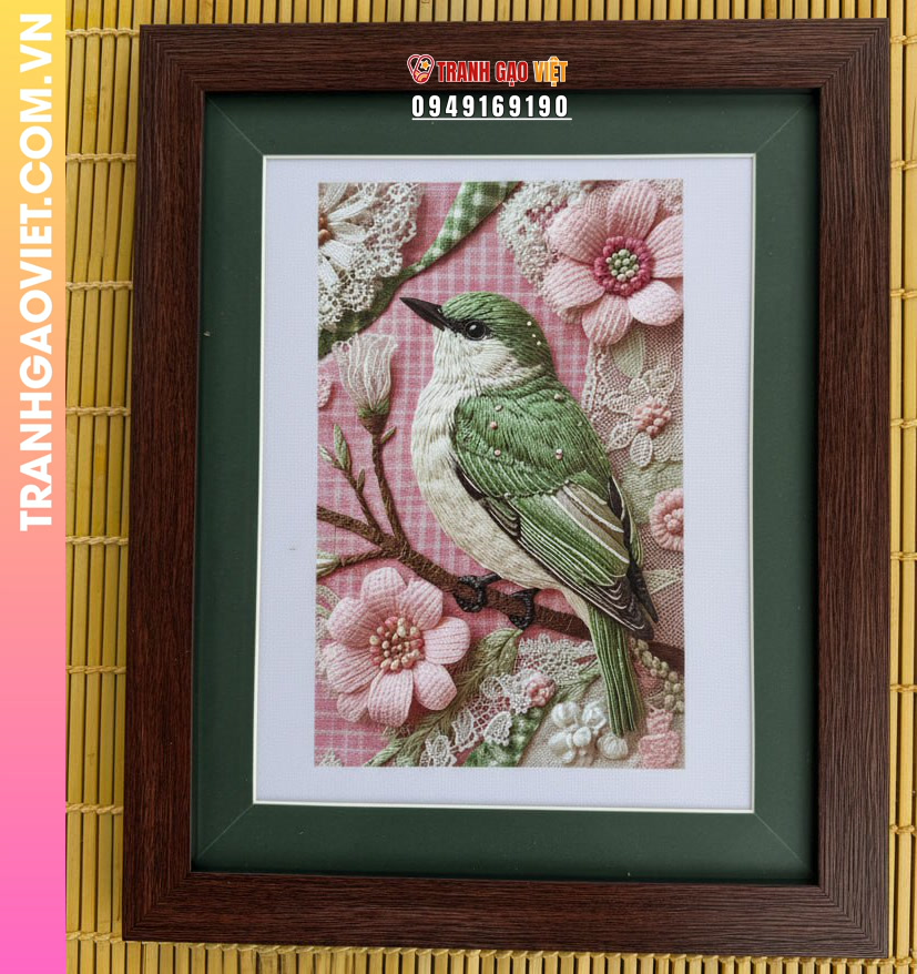 Tranh Thêu Chim Xanh Và Hoa Hồng Vintage