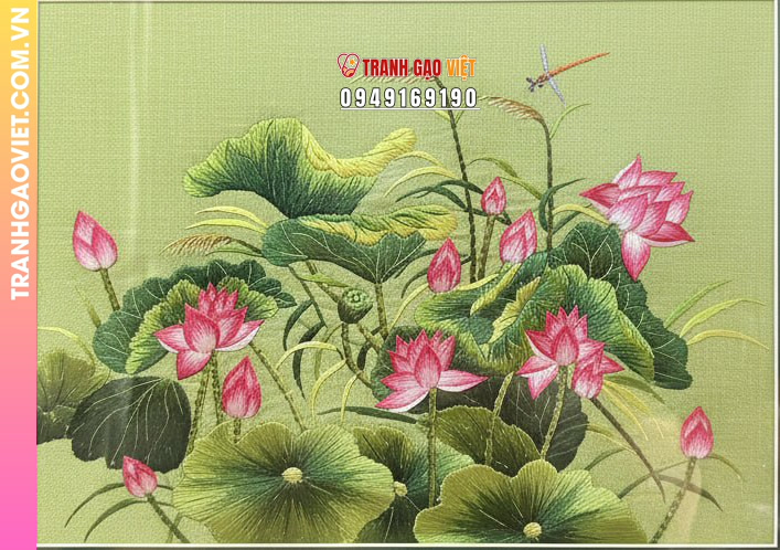 Tranh Thêu Đầm Sen Hồng Và Chuồn Chuồn Kim Tinh Tế - Ảnh 2