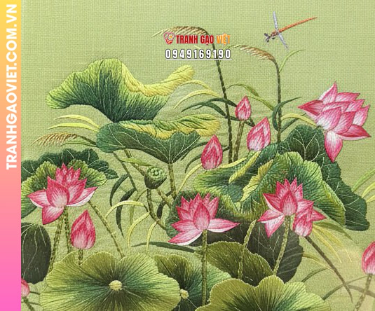 Tranh Thêu Đầm Sen Hồng Và Chuồn Chuồn Kim Tinh Tế - Ảnh 3