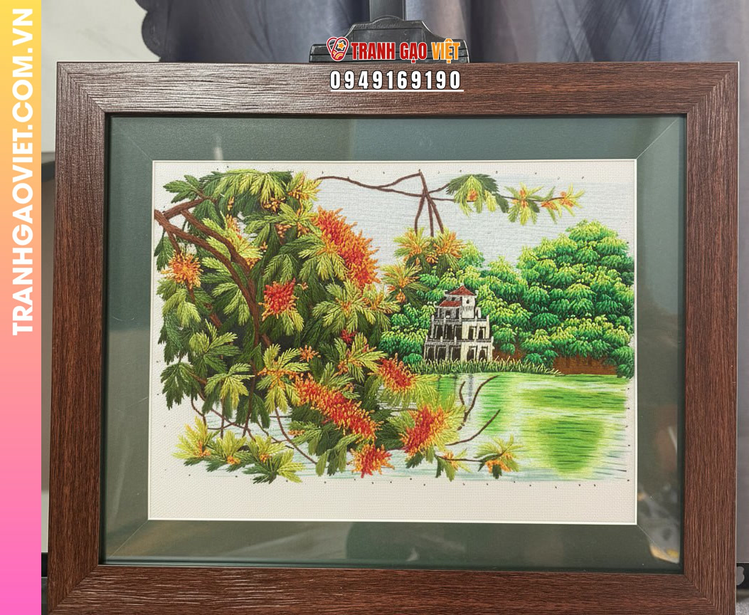 Tranh Thêu Tháp Rùa Hồ Gươm Và Hoa Lộc Vừng Rực Rỡ