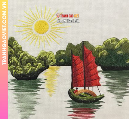 Tranh Thêu Vịnh Hạ Long Và Cánh Buồm Đỏ Thắm - Ảnh 3