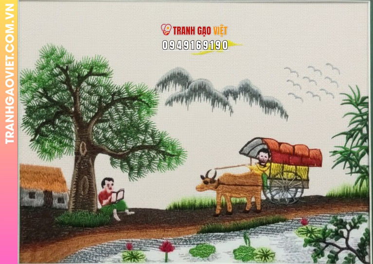 Tranh Thêu Phong Cảnh Làng Quê Và Cậu Bé Đọc Sách - Ảnh 2