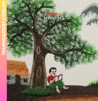 Tranh Thêu Phong Cảnh Làng Quê Và Cậu Bé Đọc Sách - Ảnh 3